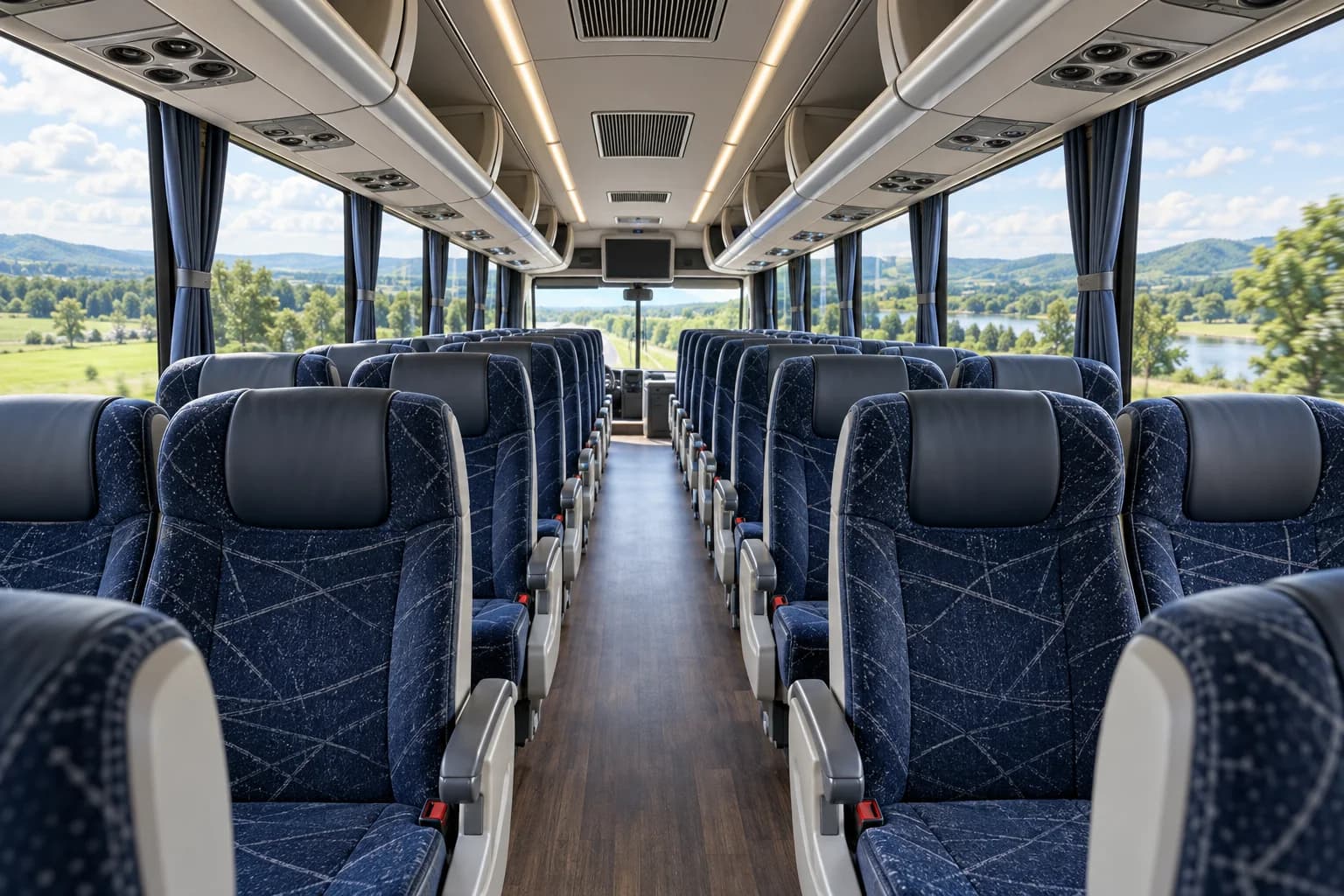 Empty motorcoach interior with forward-facing seats and a central aisle — editorial illustration