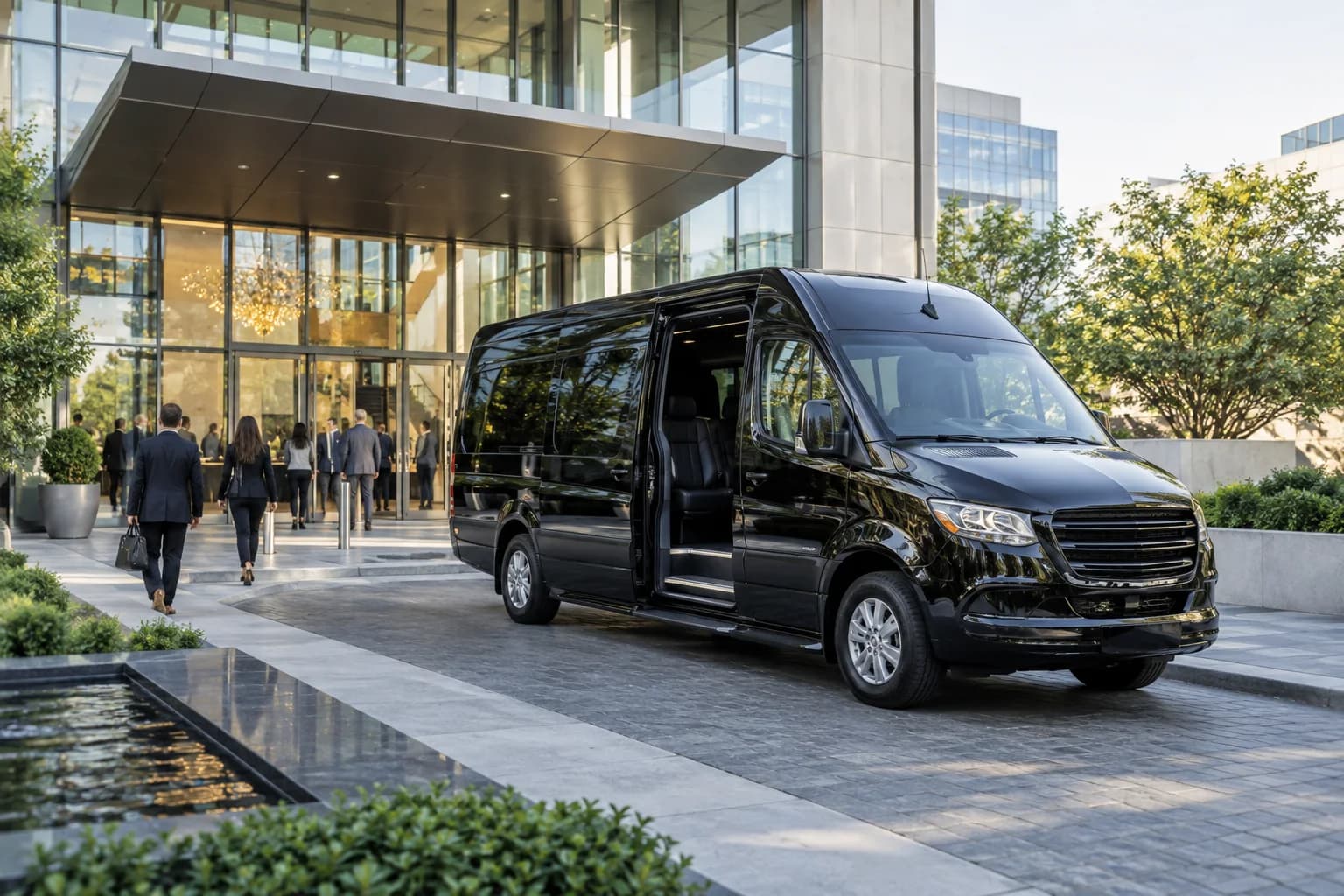 Executive shuttle outside a conference venue — editorial illustration