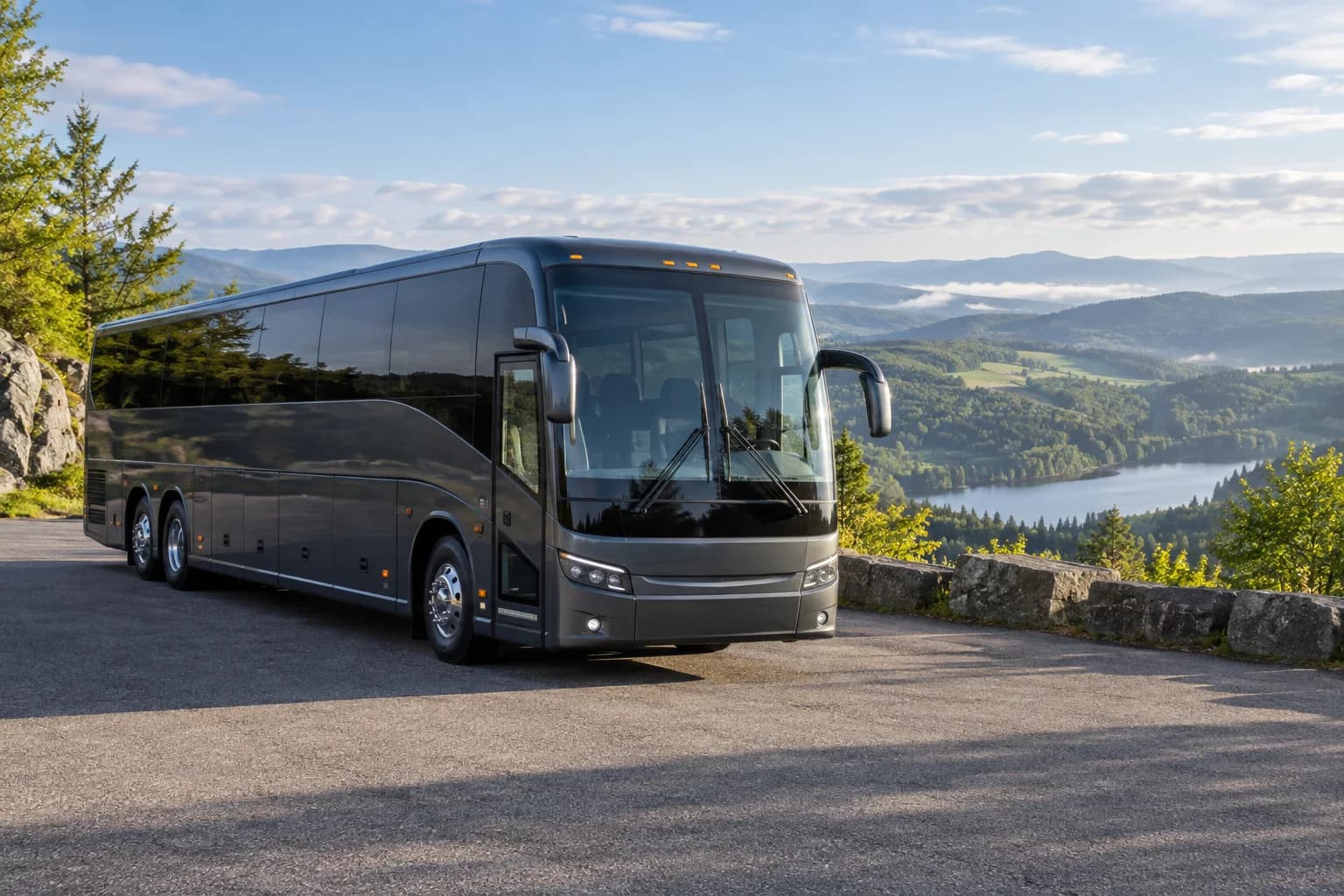 Motorcoach beside a scenic countryside route — editorial illustration