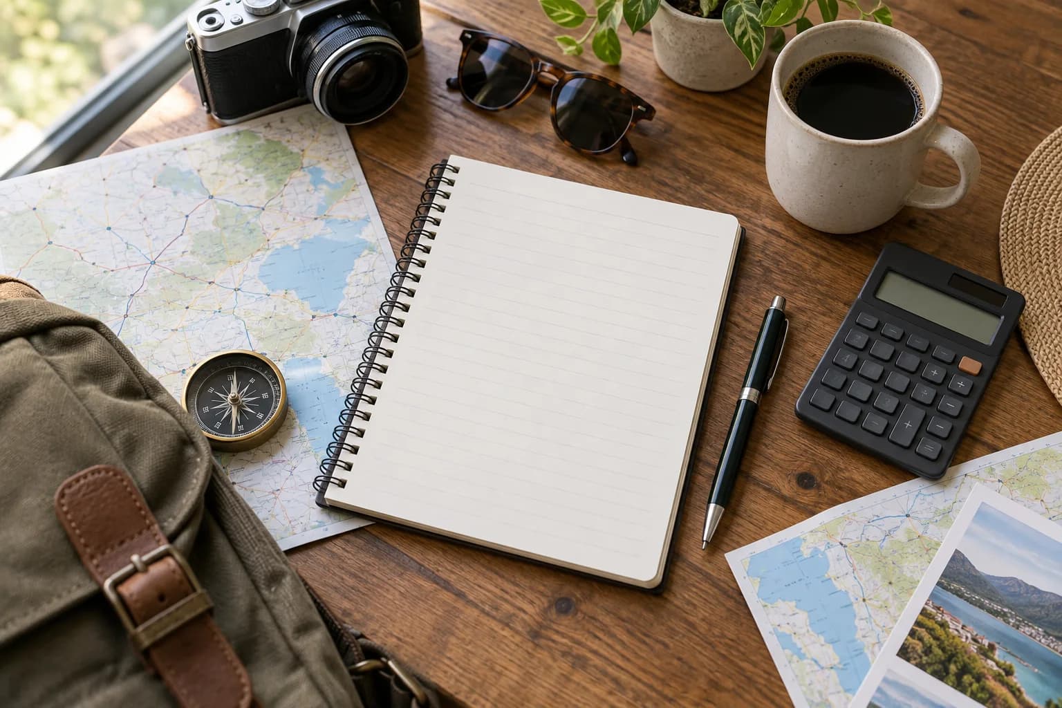 Notebook, calculator and travel-planning materials on a table — editorial illustration